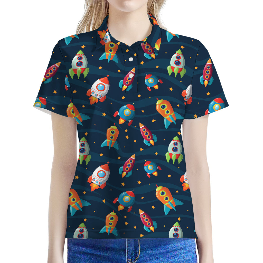 Rockets And Stars Pattern Print Women's Polo Shirt