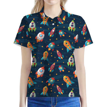 Rockets And Stars Pattern Print Women's Polo Shirt