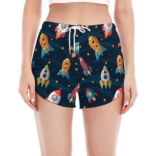 Rockets And Stars Pattern Print Women's Split Running Shorts