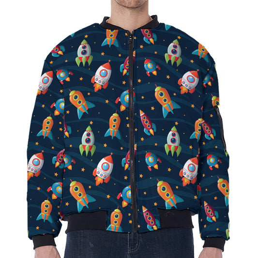 Rockets And Stars Pattern Print Zip Sleeve Bomber Jacket