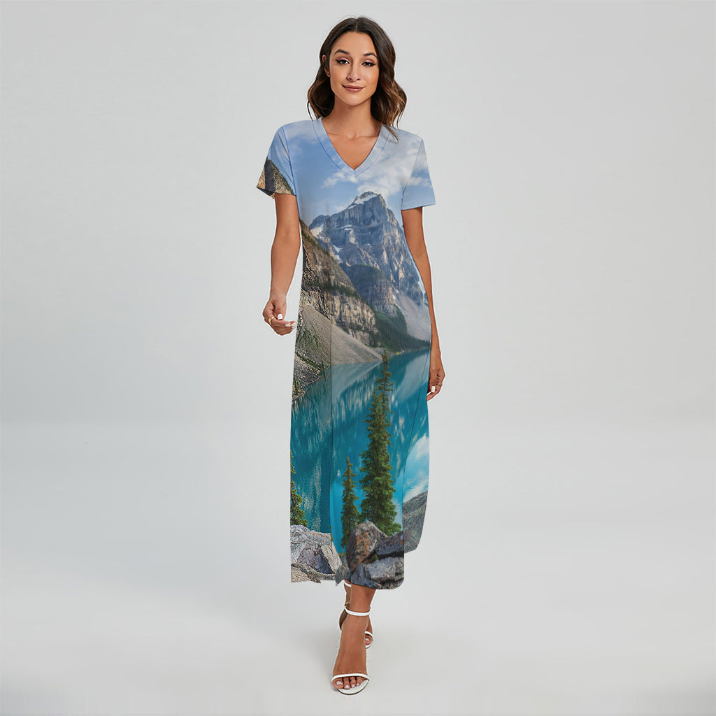 Rocky Mountain Print Short Sleeve Maxi Dress