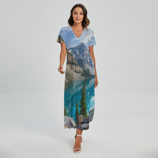 Rocky Mountain Print Short Sleeve Maxi Dress