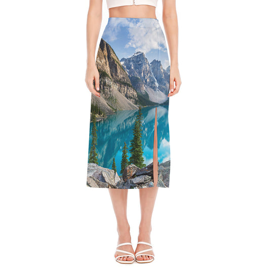 Rocky Mountain Print Side Slit Midi Skirt
