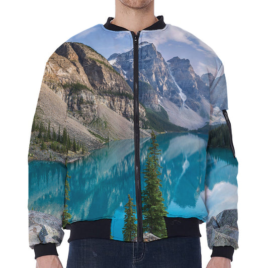 Rocky Mountain Print Zip Sleeve Bomber Jacket