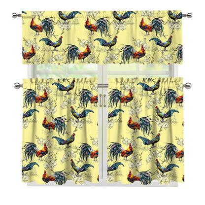 Rooster And Flower Pattern Print 3 Piece Kitchen Curtains