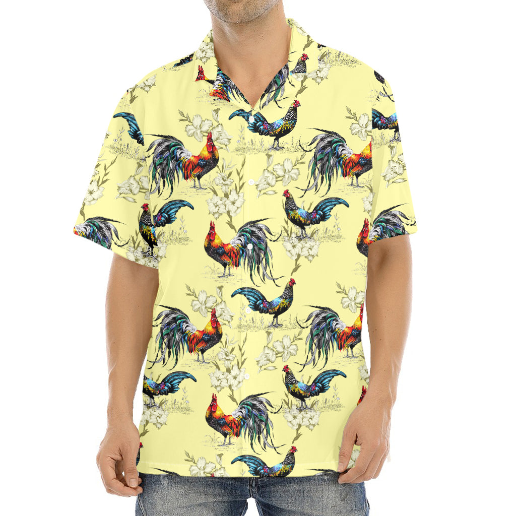 Rooster And Flower Pattern Print Aloha Shirt