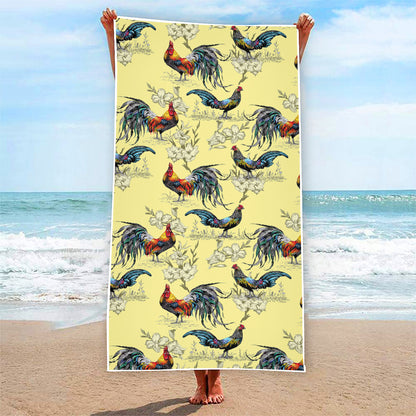 Rooster And Flower Pattern Print Beach Towel