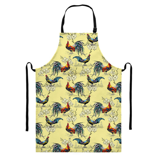Rooster And Flower Pattern Print Bib Apron With Pocket