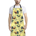 Rooster And Flower Pattern Print Bib Apron With Pocket