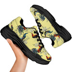 Rooster And Flower Pattern Print Black Chunky Shoes