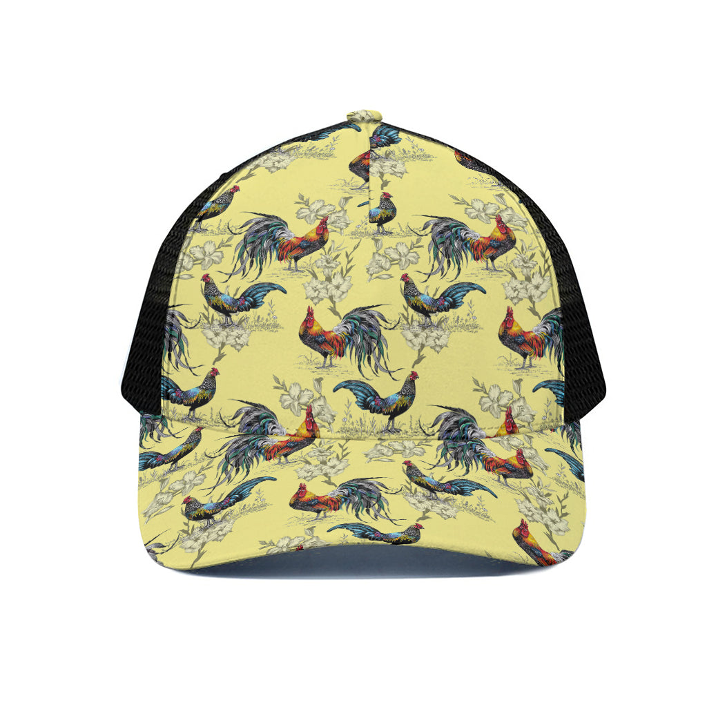 Rooster And Flower Pattern Print Black Mesh Trucker Cap