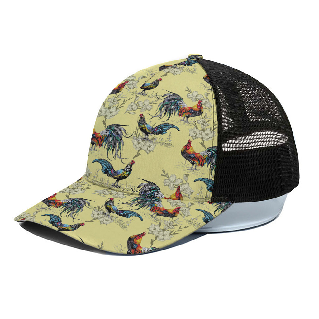 Rooster And Flower Pattern Print Black Mesh Trucker Cap