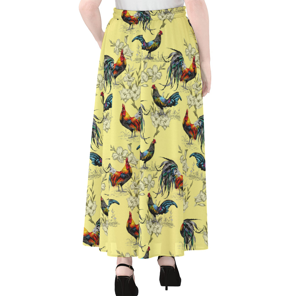 Rooster And Flower Pattern Print Chiffon Maxi Skirt