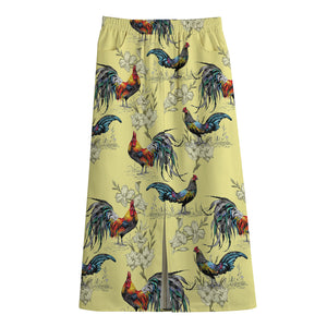 Rooster And Flower Pattern Print Cotton Front Slit Maxi Skirt