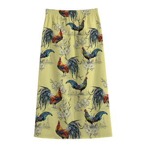 Rooster And Flower Pattern Print Cotton Front Slit Maxi Skirt