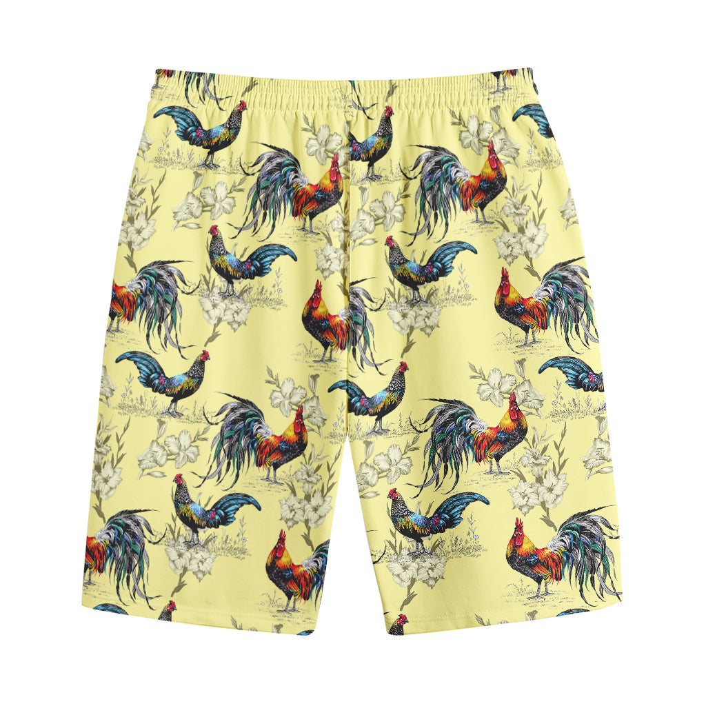 Rooster And Flower Pattern Print Cotton Shorts