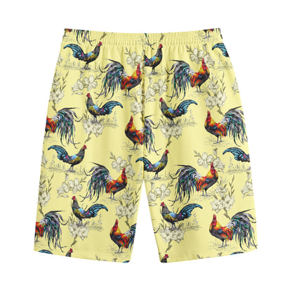 Rooster And Flower Pattern Print Cotton Shorts