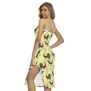 Rooster And Flower Pattern Print Cross Back Cami Dress