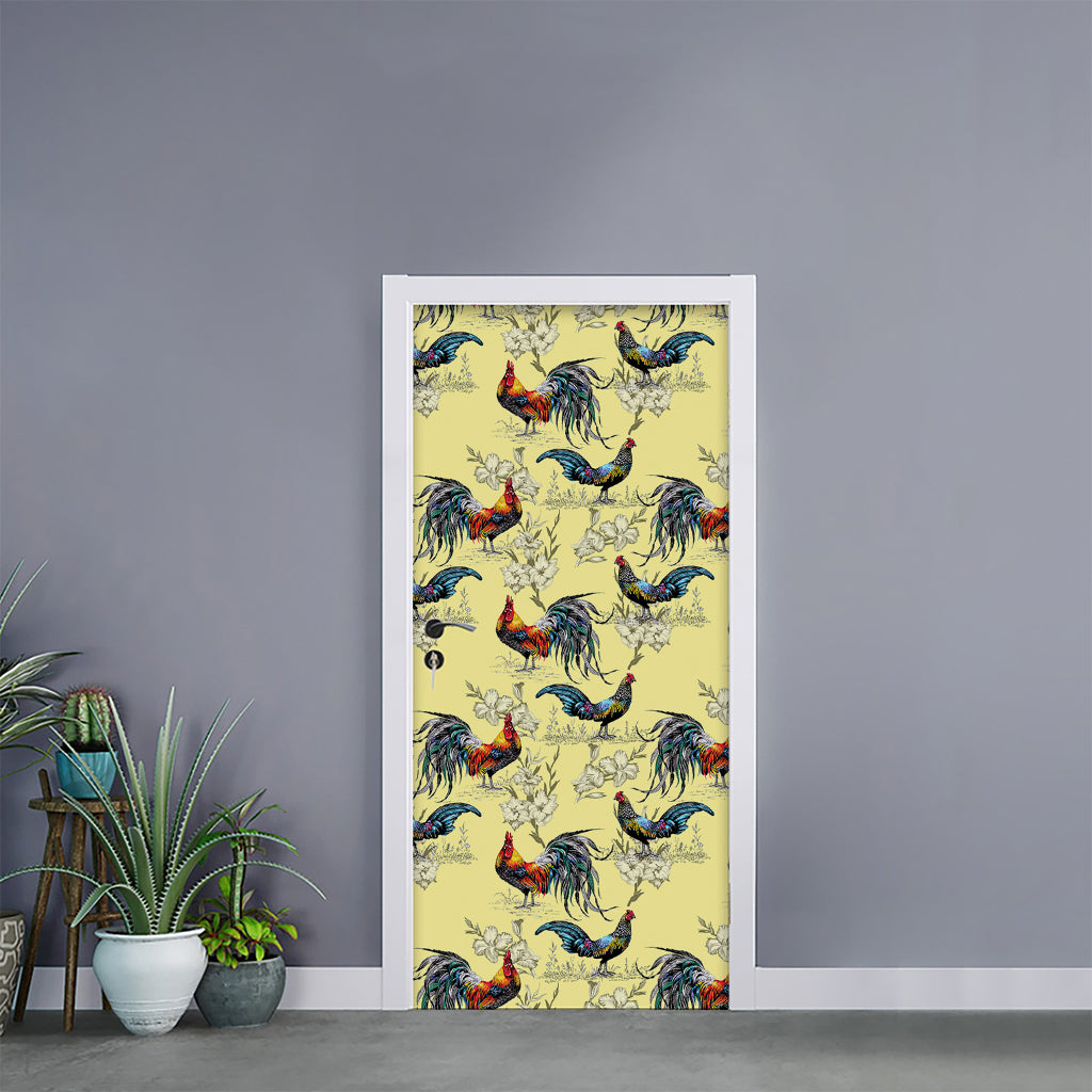 Rooster And Flower Pattern Print Door Sticker