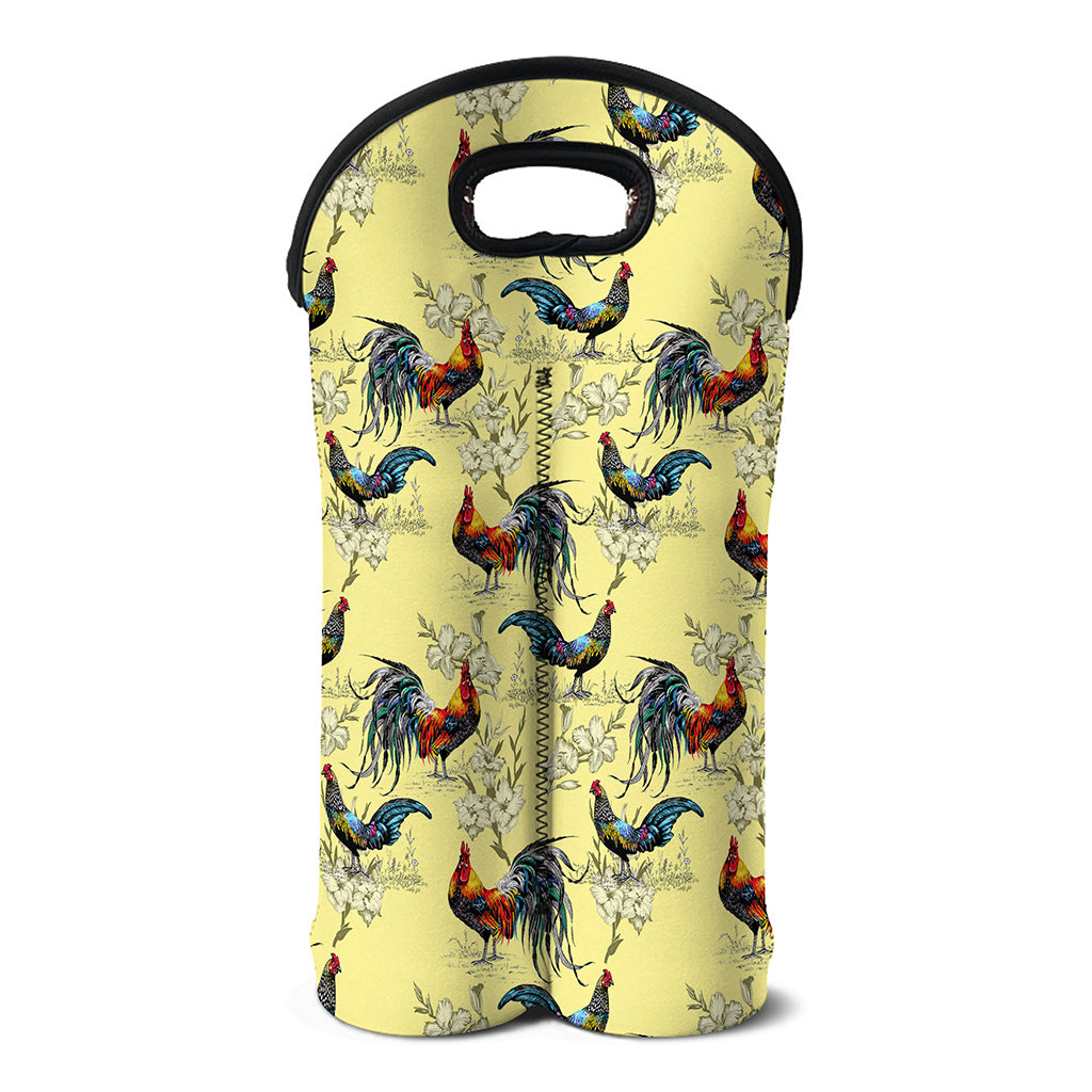 Rooster And Flower Pattern Print Double Neoprene Wine Tote