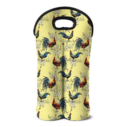 Rooster And Flower Pattern Print Double Neoprene Wine Tote
