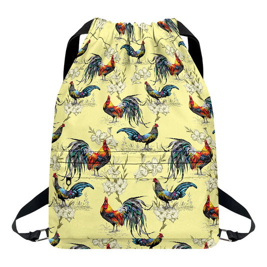 Rooster And Flower Pattern Print Drawstring Backpack