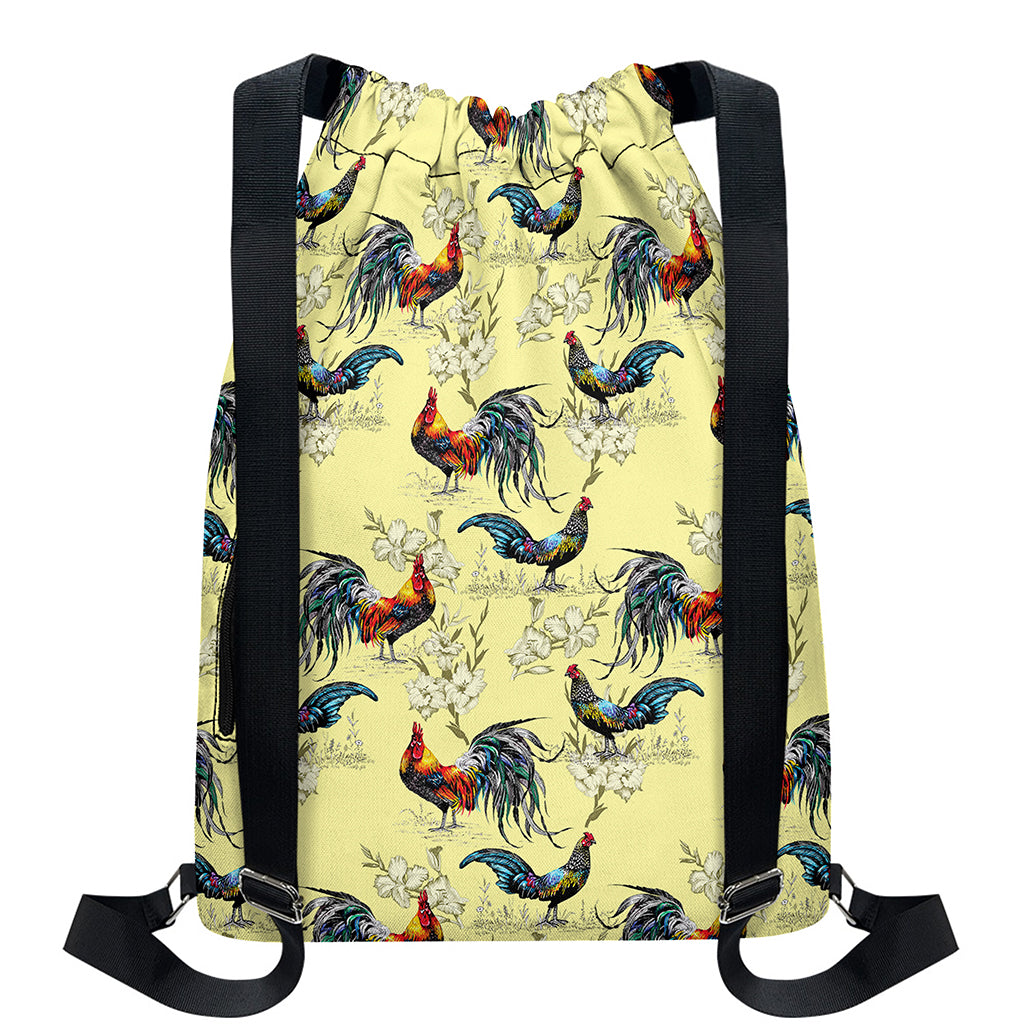 Rooster And Flower Pattern Print Drawstring Backpack