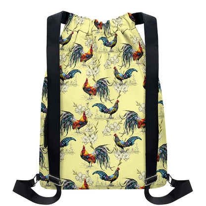 Rooster And Flower Pattern Print Drawstring Backpack