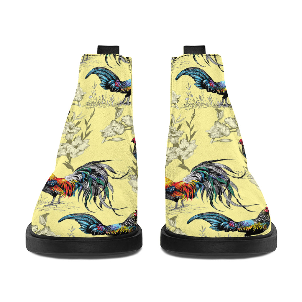 Rooster And Flower Pattern Print Flat Ankle Boots