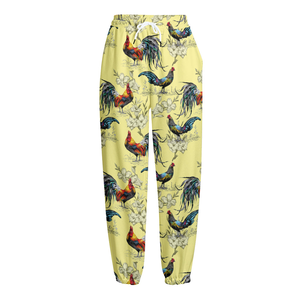 Rooster And Flower Pattern Print Fleece Lined Knit Pants