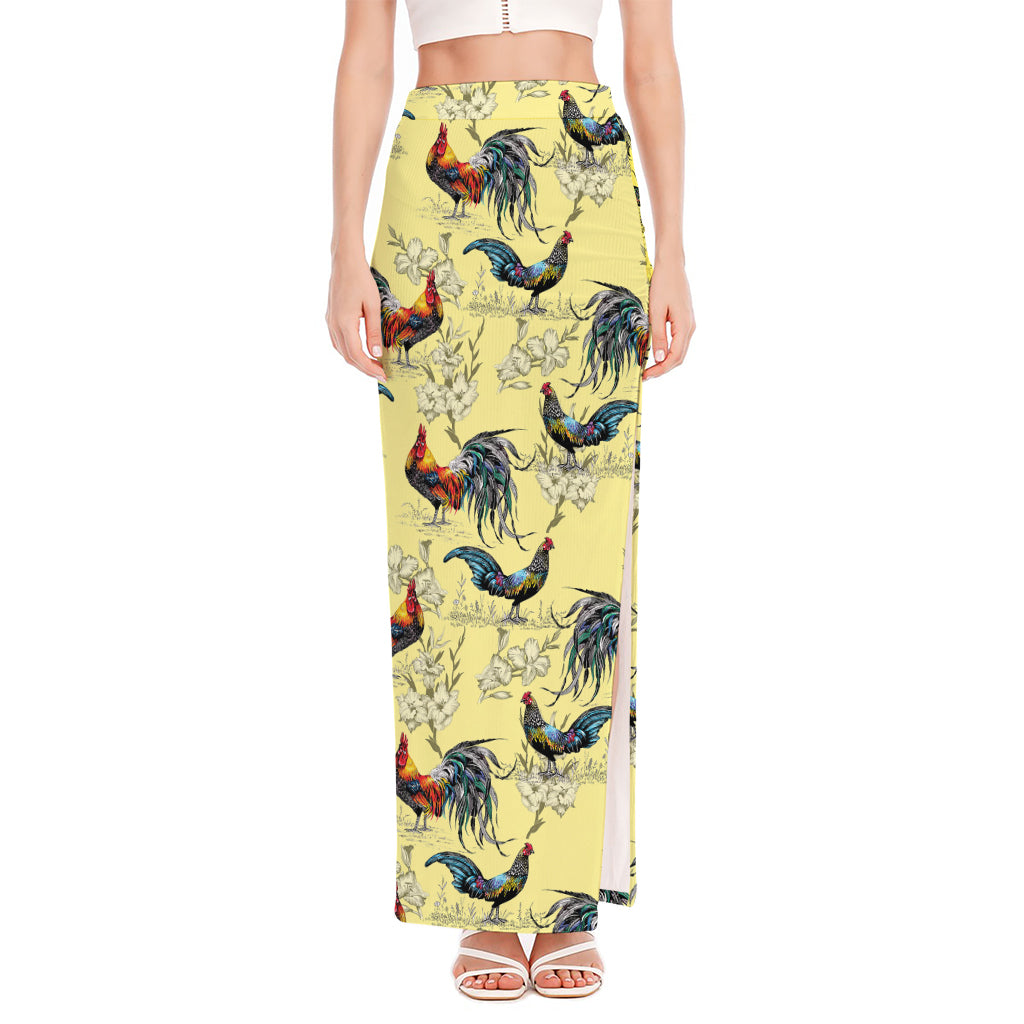 Rooster And Flower Pattern Print High Slit Maxi Skirt