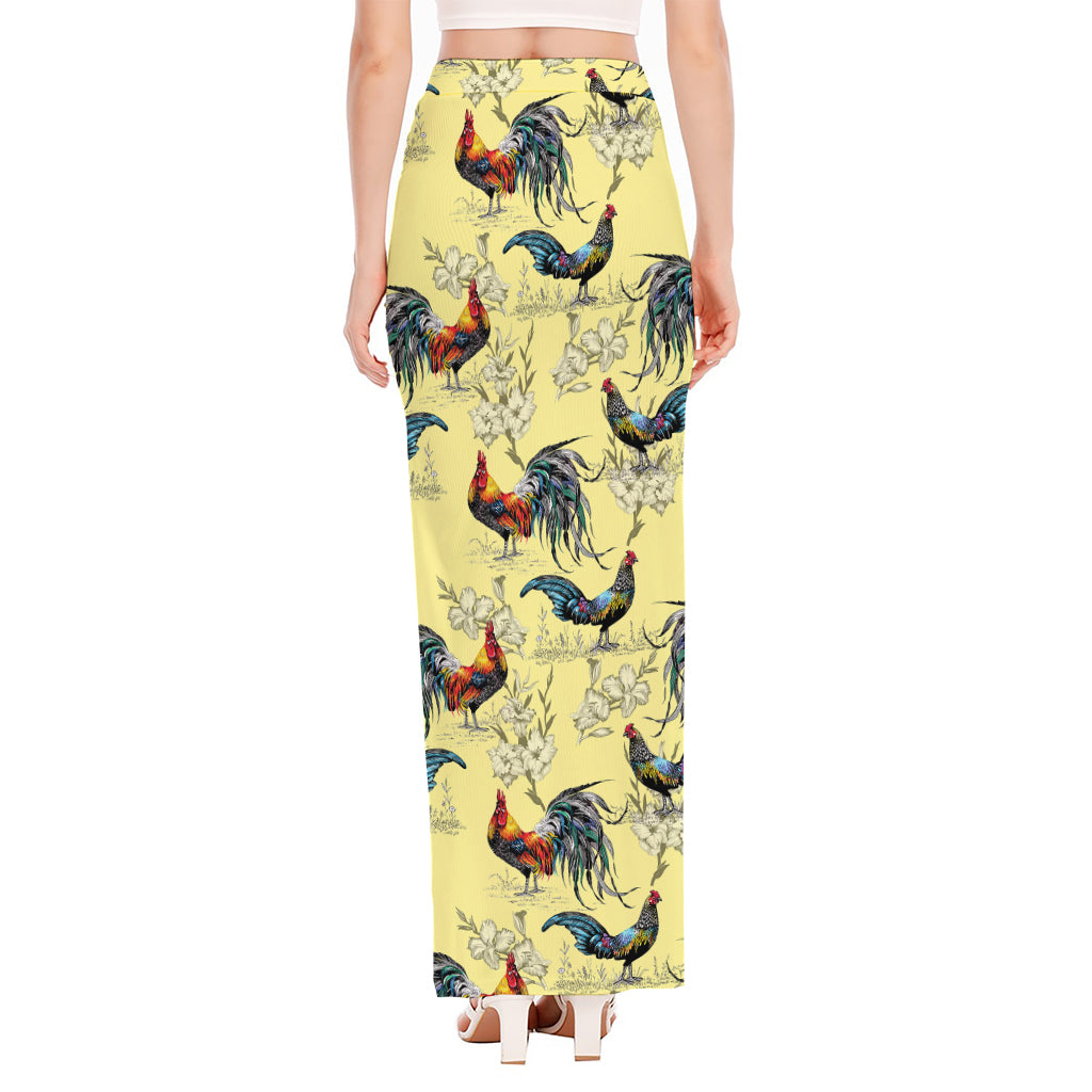 Rooster And Flower Pattern Print High Slit Maxi Skirt