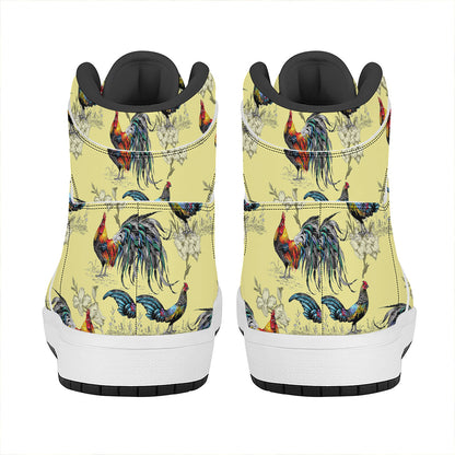 Rooster And Flower Pattern Print High Top Leather Sneakers