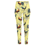 Rooster And Flower Pattern Print High-Waisted Pocket Leggings