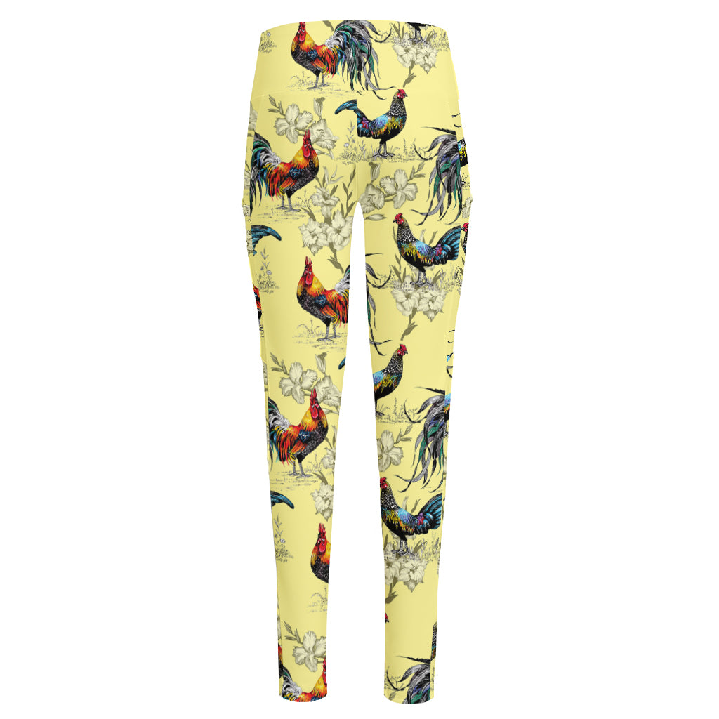 Rooster And Flower Pattern Print High-Waisted Pocket Leggings