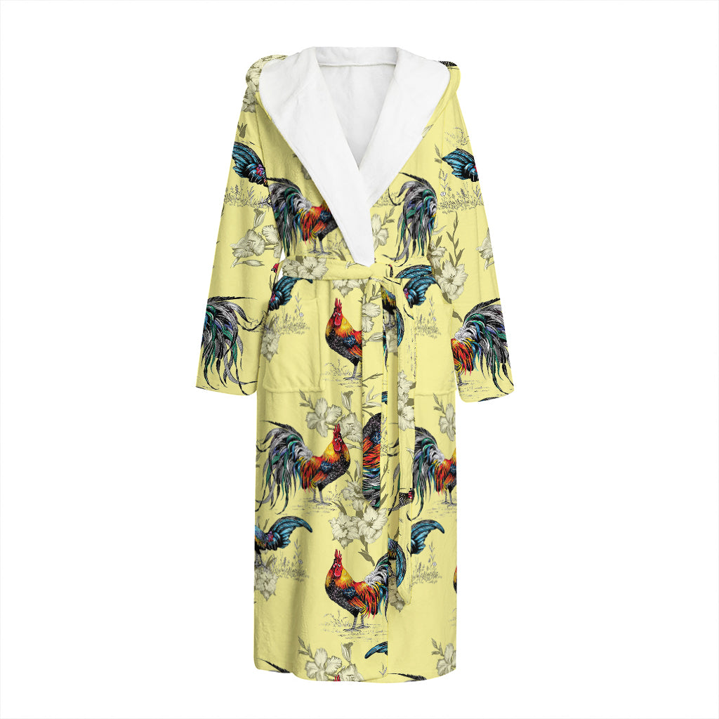 Rooster And Flower Pattern Print Hooded Bathrobe