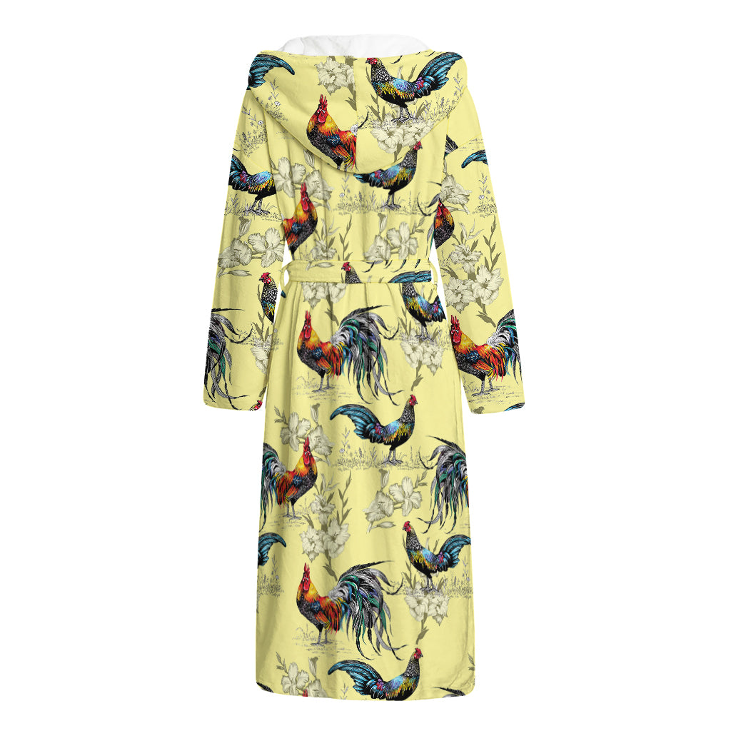 Rooster And Flower Pattern Print Hooded Bathrobe