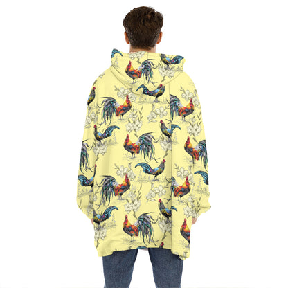 Rooster And Flower Pattern Print Hoodie Blanket