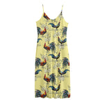 Rooster And Flower Pattern Print Jersey Midi Cami Dress