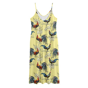 Rooster And Flower Pattern Print Jersey Midi Cami Dress