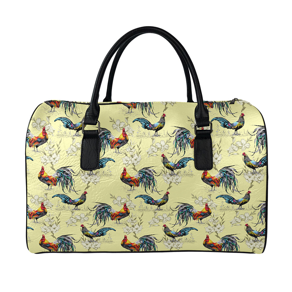 Rooster And Flower Pattern Print Leather Duffle Bag