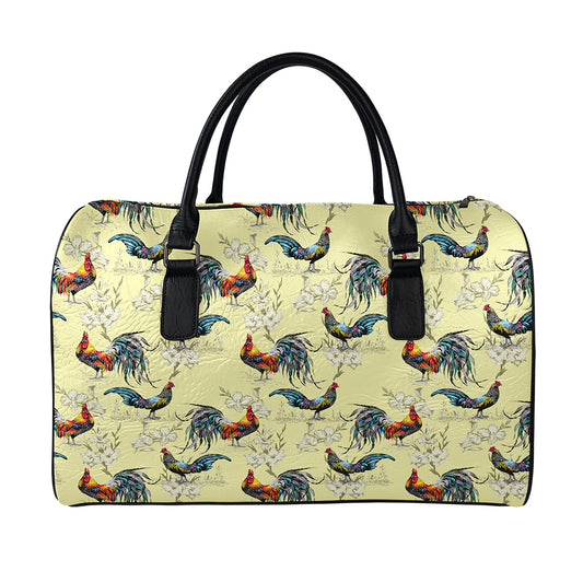 Rooster And Flower Pattern Print Leather Duffle Bag