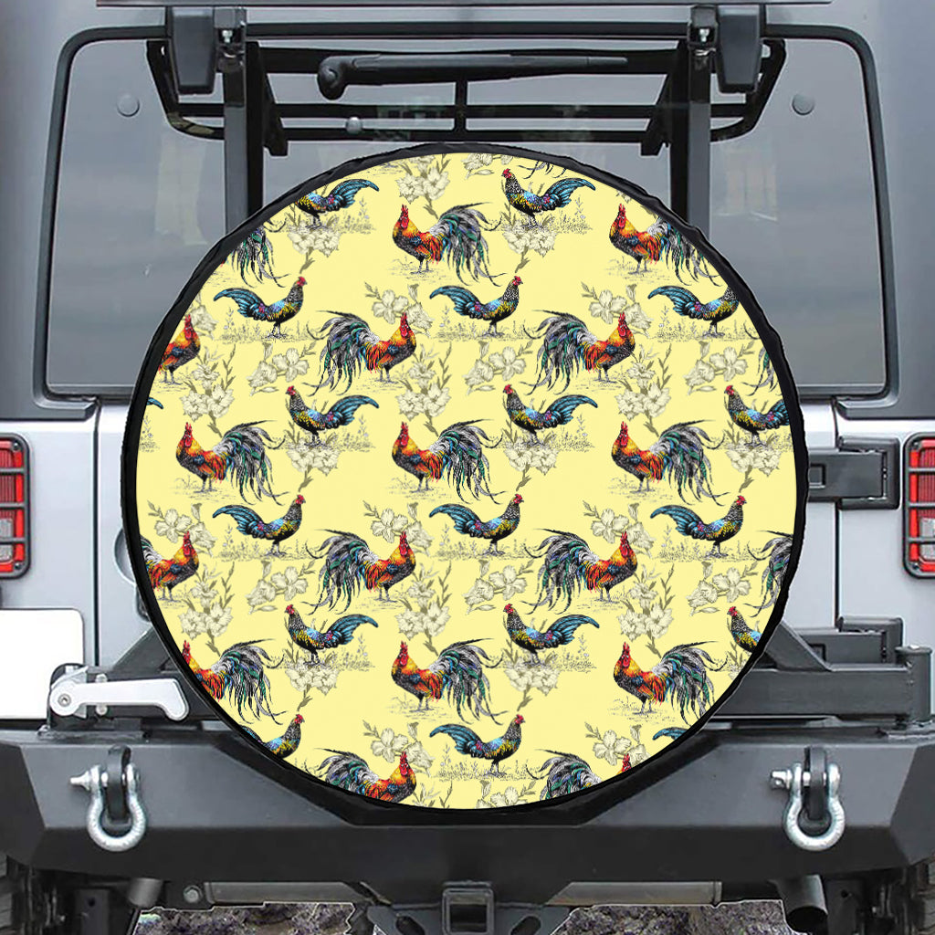 Rooster And Flower Pattern Print Leather Spare Tire Cover