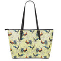 Rooster And Flower Pattern Print Leather Tote Bag With Zipper
