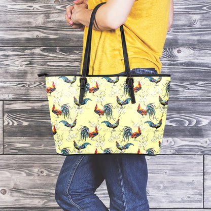 Rooster And Flower Pattern Print Leather Tote Bag