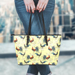 Rooster And Flower Pattern Print Leather Tote Bag