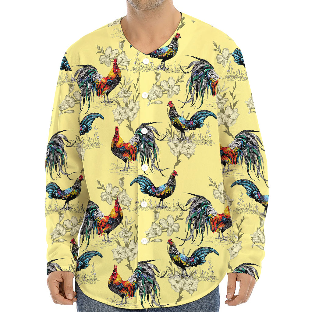 Rooster And Flower Pattern Print Long Sleeve Baseball Jersey