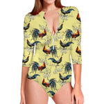 Rooster And Flower Pattern Print Long Sleeve Swimsuit