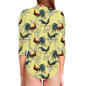 Rooster And Flower Pattern Print Long Sleeve Swimsuit