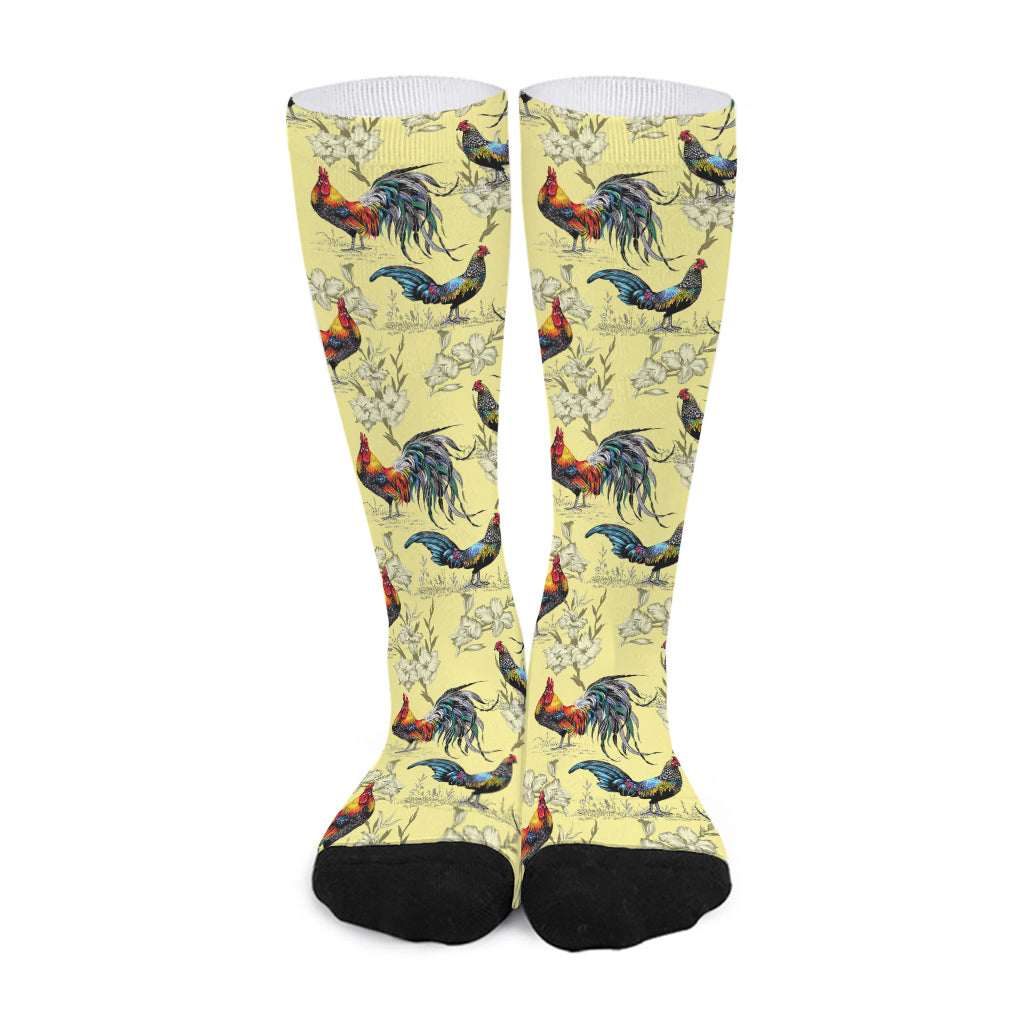 Rooster And Flower Pattern Print Long Socks